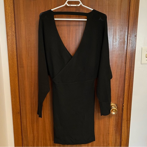 Dynamite Black Surplice Front Open Keyhole Back Long Sleeve Knit Sweater Dress - Picture 4 of 4